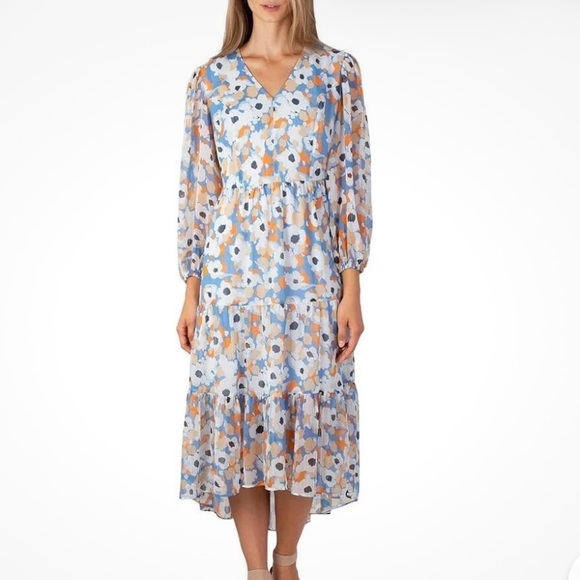 Joie Dresses & Skirts - Joie Blue/Coral Floral Tiered Flowy Boho Prairie Dress W High-Low Hem Size XS